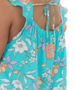 Staccato Tops Turquoise Floral Square Neck Sleeveless Blouse