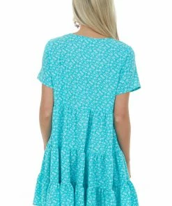 Ces Femme Turquoise Floral Tiered Babydoll Button Dress Dresses