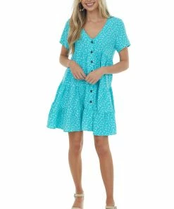 Ces Femme Turquoise Floral Tiered Babydoll Button Dress Dresses