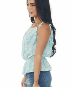 Hailey & Co Turquoise Paisley Print Peplum Tank Top Tops