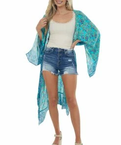 Umgee Tops Turquoise Printed Wing Sleeve Duster Kimono