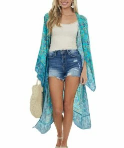 Umgee Tops Turquoise Printed Wing Sleeve Duster Kimono