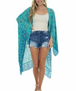 Umgee Tops Turquoise Printed Wing Sleeve Duster Kimono
