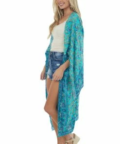 Umgee Tops Turquoise Printed Wing Sleeve Duster Kimono