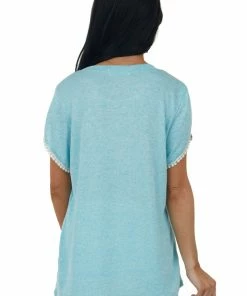 Haptics Tops Turquoise Short Sleeve Crochet Lace Detail Top