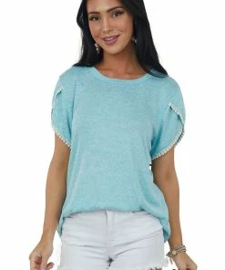 Haptics Tops Turquoise Short Sleeve Crochet Lace Detail Top