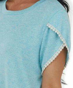 Haptics Tops Turquoise Short Sleeve Crochet Lace Detail Top