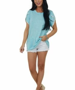 Haptics Tops Turquoise Short Sleeve Crochet Lace Detail Top