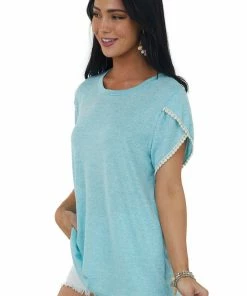 Haptics Tops Turquoise Short Sleeve Crochet Lace Detail Top