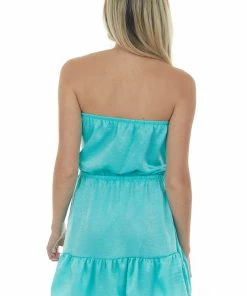 SUMMER 10 Turquoise Strapless Mini Dress With Drawstring Dresses