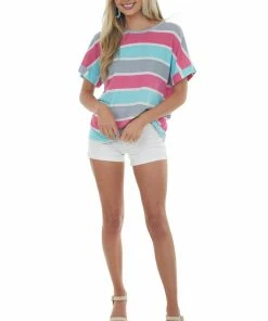 Andree Turquoise And Punch Striped Oversized Knit Top