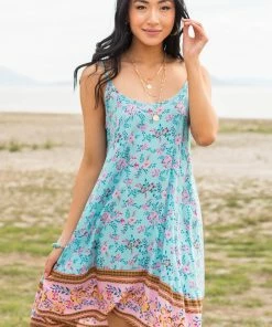 Umgee Turquoise Floral Print Sleeveless Flowy Mini Dress Dresses