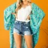 Umgee Tops Turquoise Printed Wing Sleeve Duster Kimono