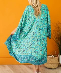 Umgee Tops Turquoise Printed Wing Sleeve Duster Kimono