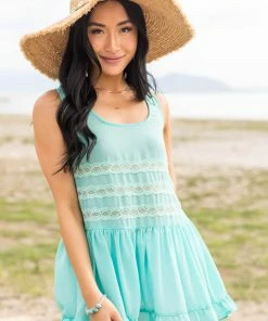 Umgee Turquoise Sleeveless Sheer Tank Top With Lace Tops