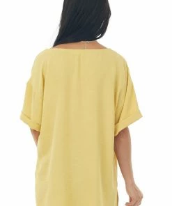 First Love Tuscan Sun V Neck Cuffed Short Sleeve Woven Top