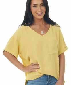 First Love Tuscan Sun V Neck Cuffed Short Sleeve Woven Top