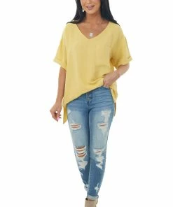 First Love Tuscan Sun V Neck Cuffed Short Sleeve Woven Top