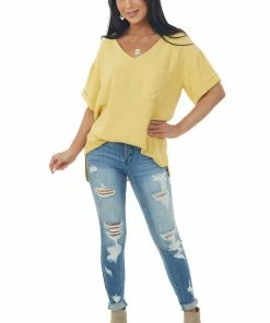 First Love Tuscan Sun V Neck Cuffed Short Sleeve Woven Top