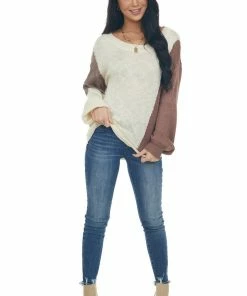 Shewin Vanilla Asymmetrical Colorblock Knit Sweater Tops