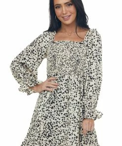 Jodifl Dresses Vanilla Cheetah Smocked Off Shoulder Dress