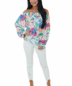 Flying Tomato Vanilla Colorful Tropical Print Off Shoulder Top Tops
