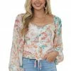 Sweet Lemon Vanilla Floral Ruched Front Cropped Blouse