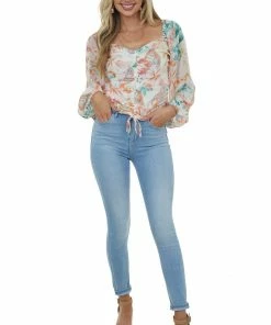 Sweet Lemon Vanilla Floral Ruched Front Cropped Blouse 10 Sweet Lemon Vanilla Floral Ruched Front Cropped Blouse