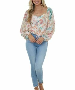 Sweet Lemon Vanilla Floral Ruched Front Cropped Blouse