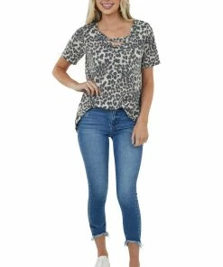 HEIMISH Vanilla Leopard Print Short Sleeve Knit Top With Caged Neck