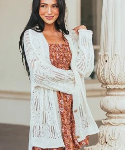 POL Clothing Vanilla Open Crochet High Low Button Up Cardigan