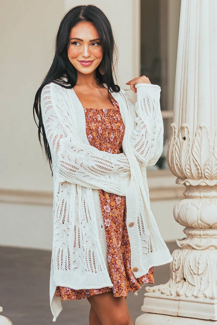 POL Clothing Vanilla Open Crochet High Low Button Up Cardigan 3 POL Clothing Vanilla Open Crochet High Low Button Up Cardigan