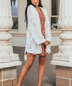 POL Clothing Vanilla Open Crochet High Low Button Up Cardigan