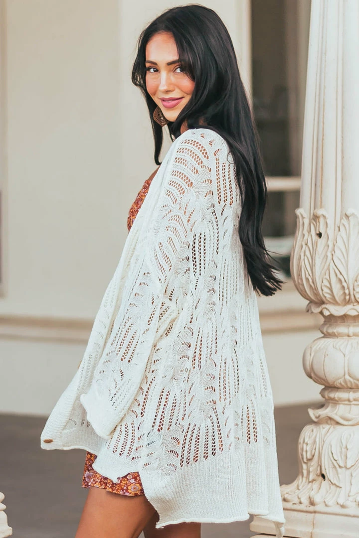 POL Clothing Vanilla Open Crochet High Low Button Up Cardigan 6 POL Clothing Vanilla Open Crochet High Low Button Up Cardigan