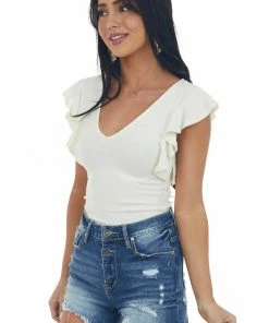 Glam Vanilla Velvet Ruffle Sleeve V Neck Bodysuit