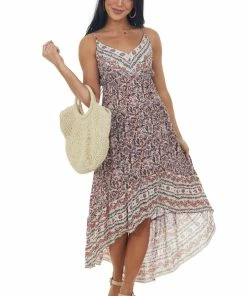 ANGIE Dresses Vanilla And Marsala Floral High Low V Neck Dress