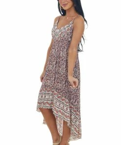 ANGIE Dresses Vanilla And Marsala Floral High Low V Neck Dress