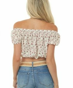 She + Sky Tops Vanilla And Mulberry Floral Print Off The Shoulder Blouse