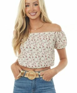 She + Sky Tops Vanilla And Mulberry Floral Print Off The Shoulder Blouse