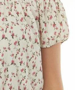 She + Sky Tops Vanilla And Mulberry Floral Print Off The Shoulder Blouse