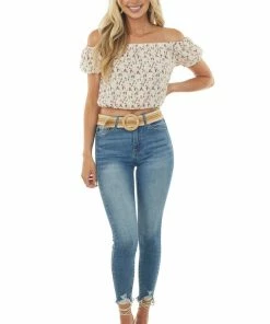 She + Sky Tops Vanilla And Mulberry Floral Print Off The Shoulder Blouse