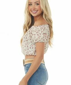 She + Sky Tops Vanilla And Mulberry Floral Print Off The Shoulder Blouse