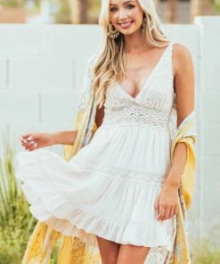 Easel Vanilla Crochet Lace V Neck Ruffle Hem Dress