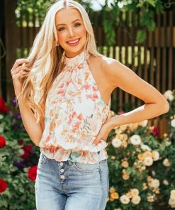 Sweet Lemon Vanilla Floral Halter Neck Smocked Waist Blouse