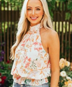 Sweet Lemon Vanilla Floral Halter Neck Smocked Waist Blouse