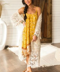 143 Story Vanilla Open Crochet 3/4 Sleeve Duster Kimono Tops