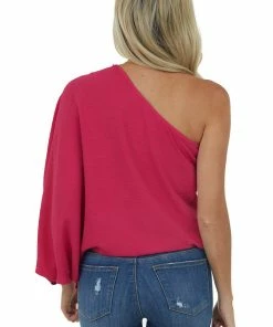 Peach Love Tops Vibrant Raspberry One Shoulder With Cinch Top