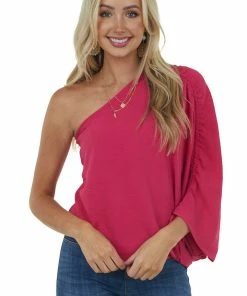 Peach Love Tops Vibrant Raspberry One Shoulder With Cinch Top