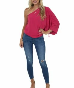 Peach Love Tops Vibrant Raspberry One Shoulder With Cinch Top