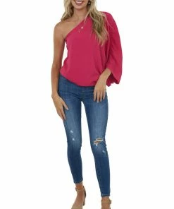 Peach Love Tops Vibrant Raspberry One Shoulder With Cinch Top